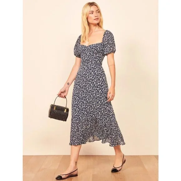 💕REFORMATION💕 Hannah Dress ~ Elyse Blue with White Micro Floral Print 4 NWOT